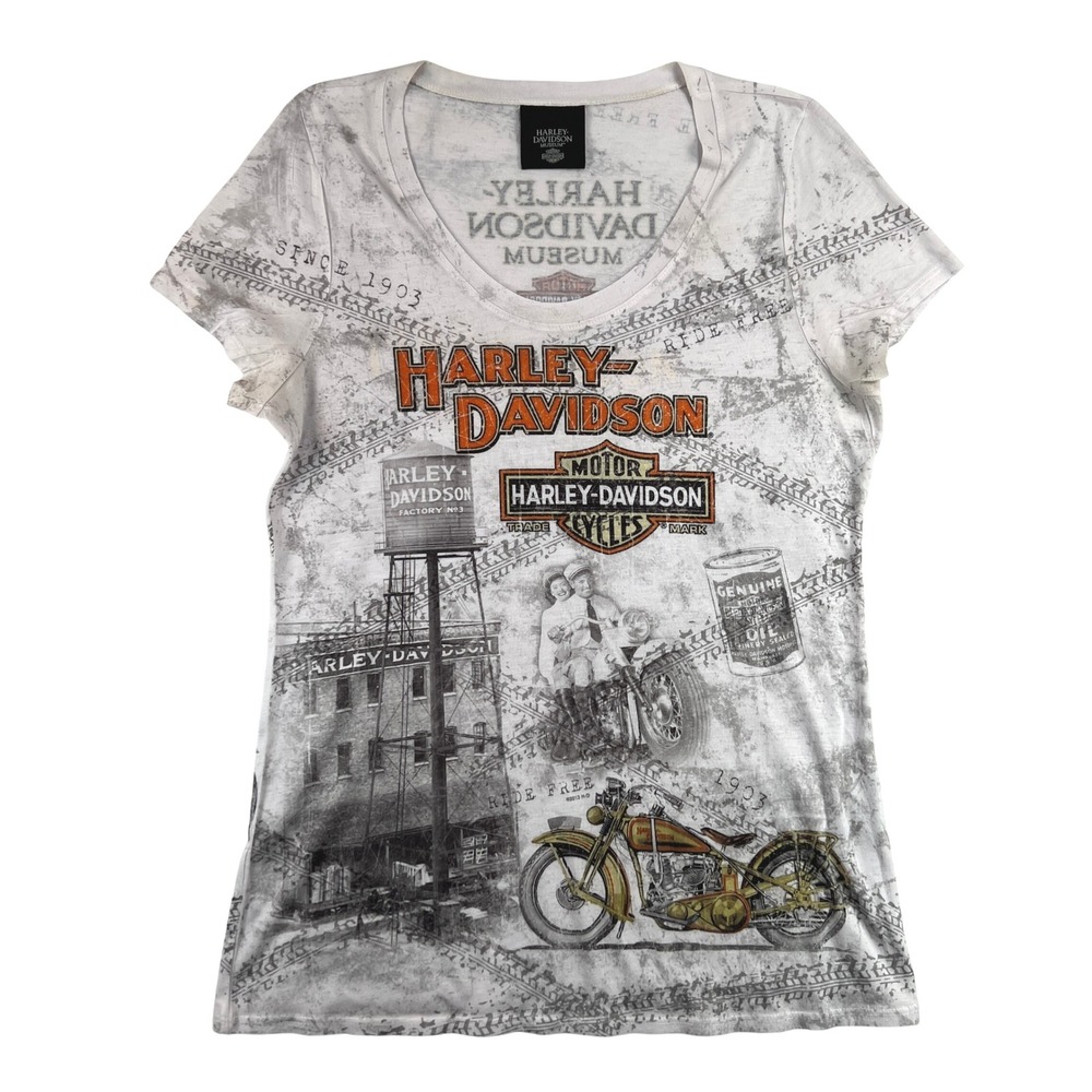 Harley-Davidson White Short Sleeve Tee with Orange and Gold Graphics
